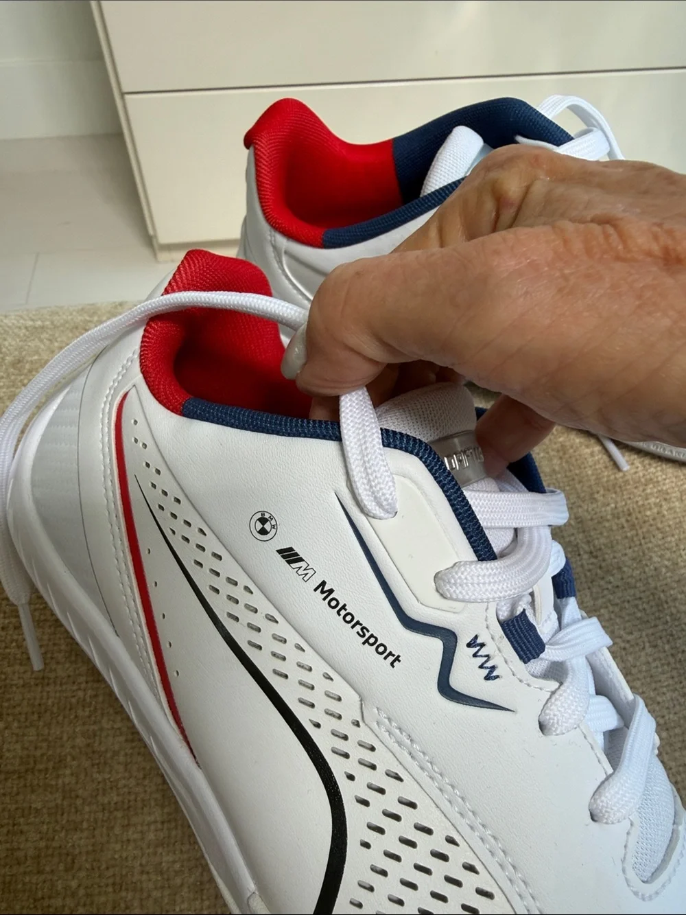 NWOT Puma Men’s Drift Cat BMW Motorsport White Sneakers with Blue & Red Accents